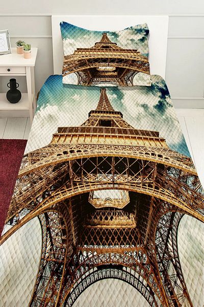 3D ELSE HALI Paris Patterned Printed Eiffel Tower - Single Padded Pique Set
