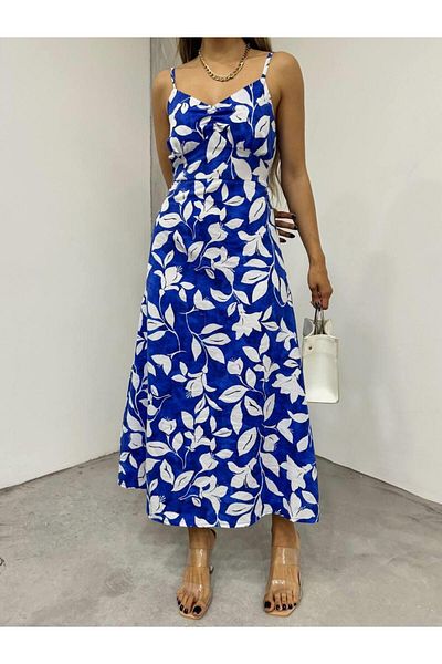 MsLena Butik Rochie de vară lungă cu fermoar cu imprimeu floral albastru - Bretele de frânghie și spate elastic Mi365-10746
