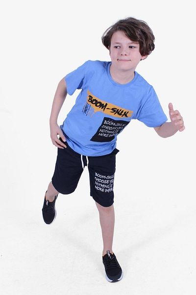 PANİO KİDS Boom Text Printed Capri Boy's Bottom-Top Blue Set
