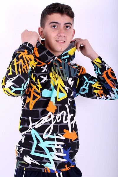 PANİO KİDS Turquoise Patterned Hooded Girl Sweatshirt