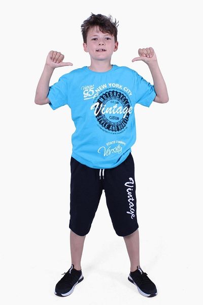PANİO KİDS Vintage Text Printed Boys' Turquoise Summer Suit