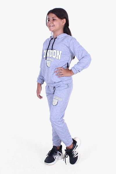 PANİO KİDS London Summer Printed Girls' Hooded Gray Melange Tracksuit Set