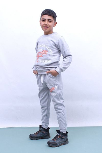 PANİO KİDS Team Dino Printed Boys' Bottom-Top Gray Tracksuit Set