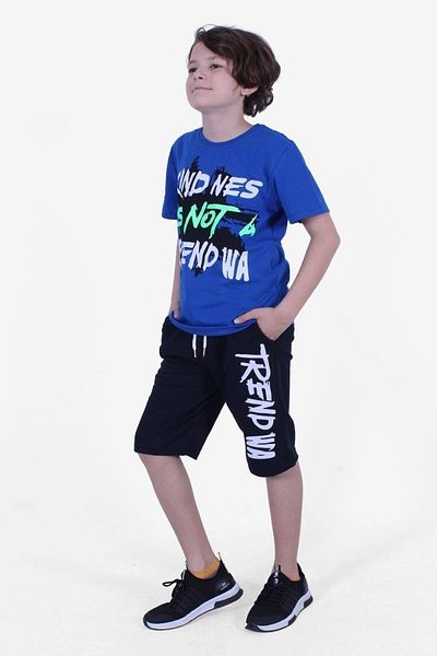 PANİO KİDS Is Not Text Printed Indigo Capri Boy's Bottom-Top κοστούμι