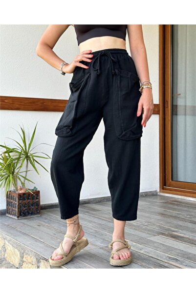 ByEnBi بنطلون شالوار أسود من القطن والكتان بجيب مزدوج