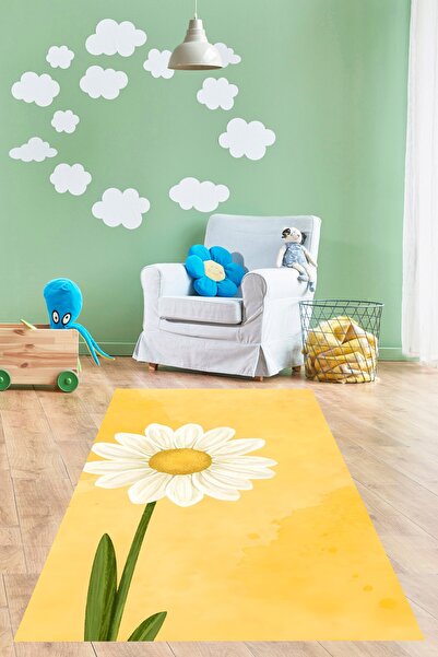 on the clouds Sarı Zemin Papatya Desenli  Yıkanabilir Kaymaz Taban Leke Tutma...