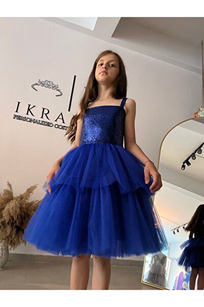 İkrabutikbursa Kız Çocuk  Saks Mavisi Elbise, Kız Çocuk Sax Mavisi Abiye Elbise