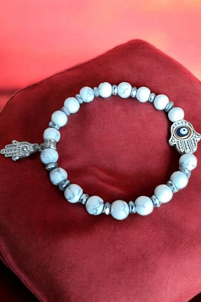 MGA DOĞAL TAŞ Natural Stone Howlite Bracelet - Hamsa Fatma Mother Hand, Evil Eye Bead Model