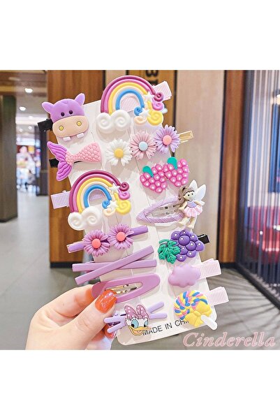 Cinderella 14'lü Mor & Lila Tonlu Çocuk Pens Klipsli Çıtçıt Toka Seti - Kız Ç...