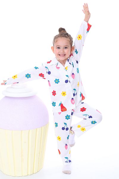 ZUZUNGA 100% Cotton Girl's Pajama Set - Colorful Fruits Patterned and Buttoned