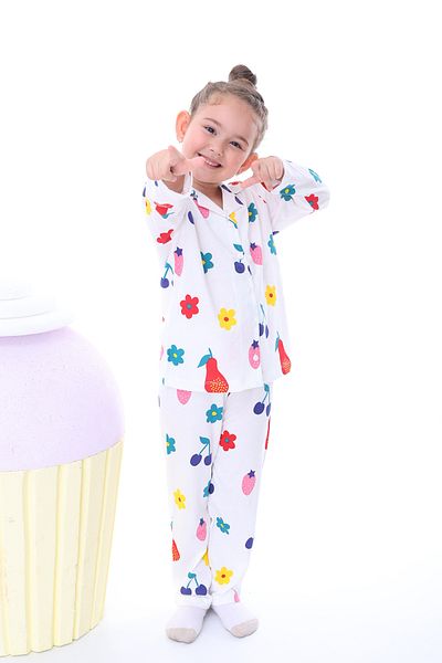 ZUZUNGA 100% Cotton Girl's Pajama Set - Colorful Fruits Patterned and Buttoned