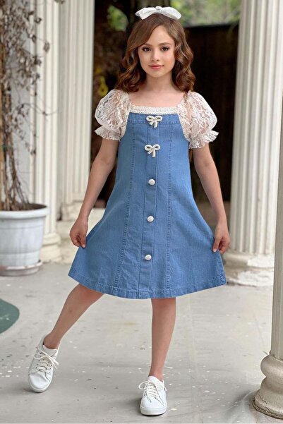 Riccotarz Μπλε μπαλόνι μανίκι δαντέλα κεντημένο τζιν φόρεμα για κορίτσια