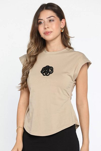 GÜLSELİ Tricou de damă cu mărgele cu cleme laterale bej - decolteu