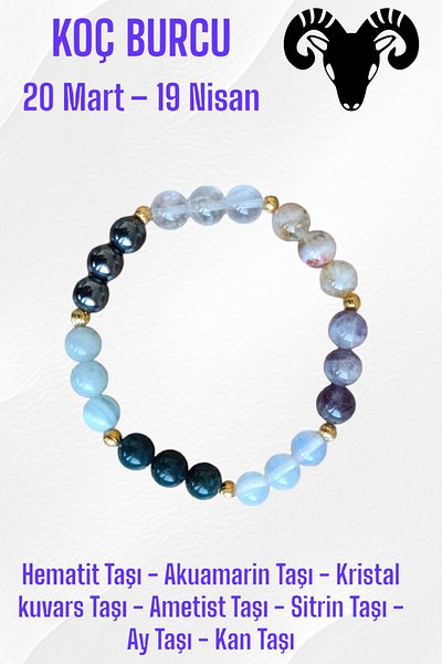 MGA DOĞAL TAŞ Hematite and Aquamarine Stone - Crystal Quartz and Amethyst and Citrine and Moonstone Aries Zodiac Bracelet