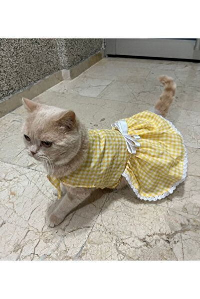 Gobo Sarı Beyaz Kareli Fiyonklu Kedi Köpek Kıyafeti Elbisesi Medium/M/Beden 2