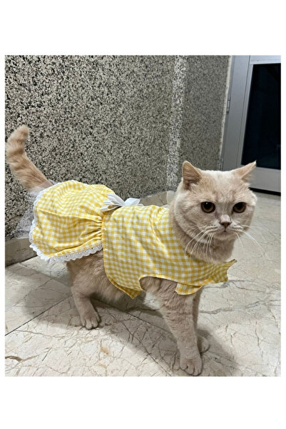 Gobo Sarı Beyaz Kareli Fiyonklu Kedi Köpek Kıyafeti Elbisesi Medium/M/Beden 2