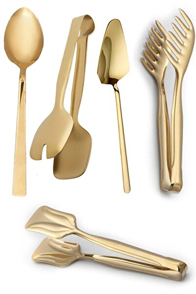 Online Kapında 5'li Lüx Gold Servis Maşa Pasta Spatula Set