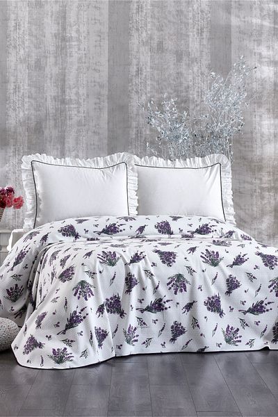 Minelya Home Collection Double 100% Cotton Frilly and Lavender Patterned Pique Set - 4 Pieces with Elastics