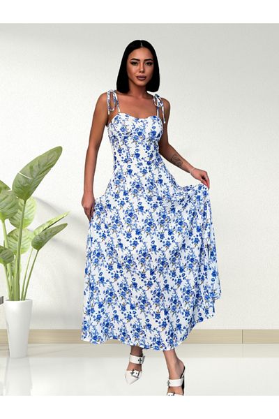 WOMAN VISION Design elegant cu bretele maxi frânghie - rochie de damă 002 căptușită cu mărgele cu imprimeu floral