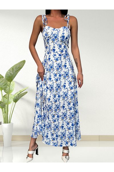 WOMAN VISION Design elegant cu bretele maxi frânghie - rochie de damă 002 căptușită cu mărgele cu imprimeu floral