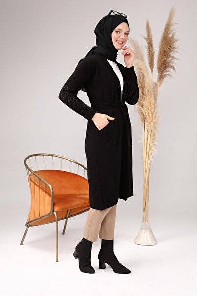 Ferace Hijab Cardigan Long Knitwear Women's V-Neck Black with Cushion