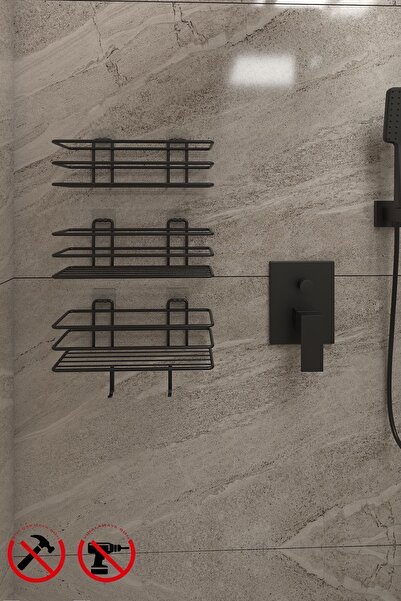Alper Banyo Yapışkanlı Kancalı 3 Adet 3 Katlı Banyo Mutfak Düzenleyici Rafı Mat Siyah