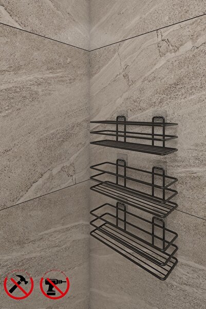 Alper Banyo Yapışkanlı Kancalı 3 Adet 3 Katlı Banyo Mutfak Düzenleyici Rafı Mat Siyah