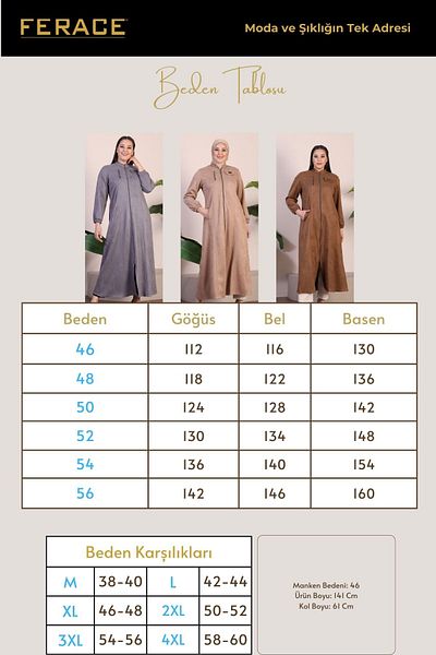 Ferace TABA Γυναικείο Top Coat Hijab Suede Cap με λαιμό και φερμουάρ Μακρύ Hijab Suede Top Coat