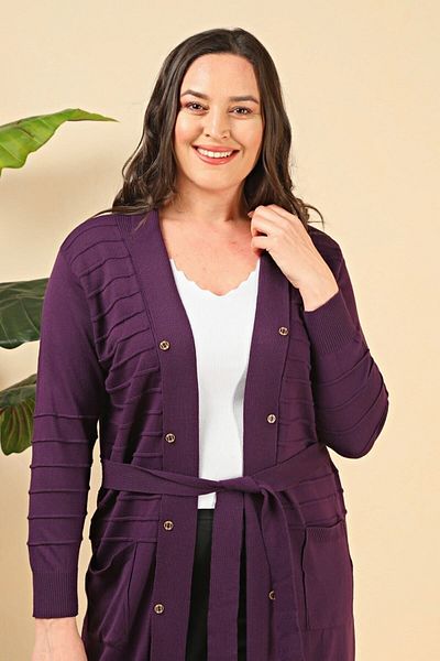 Ferace Women's Cardigan Hijab Knitwear Long V-Neck Organ Pattern Knitwear Plum