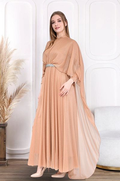 Ferace Women's Long Glitter Large Size Evening Dress with Cape Gold Yellow
