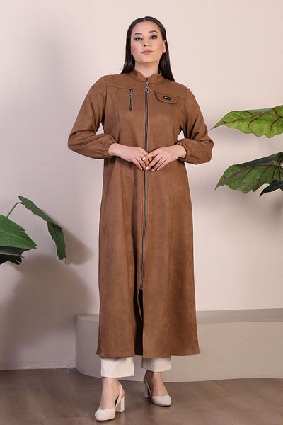 Ferace TABA Γυναικείο Top Coat Hijab Suede Cap με λαιμό και φερμουάρ Μακρύ Hijab Suede Top Coat