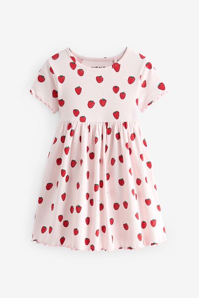 Next Baby Pink Strawberry Pattern - 100% βαμβακερό κοντομάνικο ριμπ φόρεμα