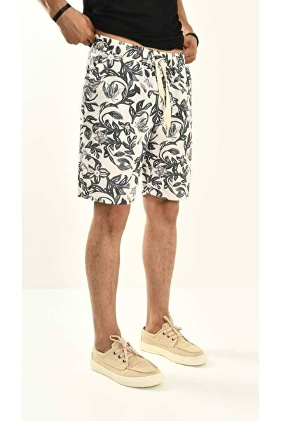 DAVID&GERENZO Λινό σορτς - Μαύρο φλοράλ μοτίβο