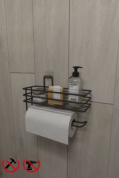 Alper Banyo Paper Roll Towel Holder with Adhesive Shelf Napkin Holder Black Bathroom Kitchen Organizer Shelf