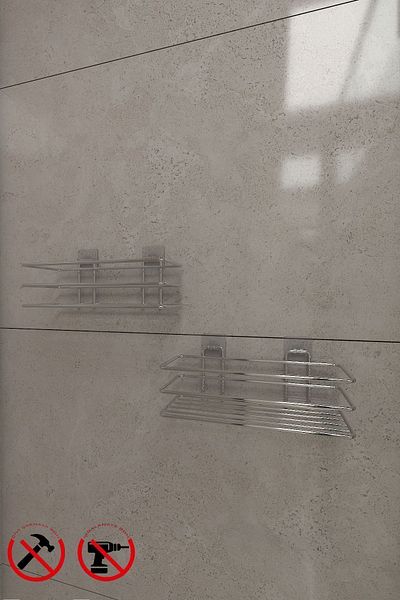 Alper Banyo 2 Pieces Organizer Shelf with Adhesive Hooks Matte Stainless Chrome