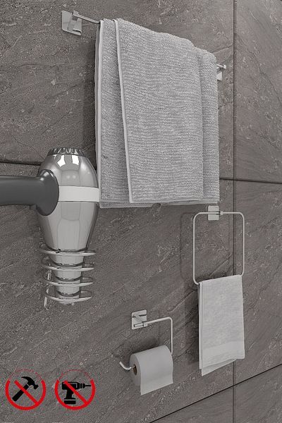 Alper Banyo Σετ μπάνιου Scilla Square Chrome 4 τεμαχίων με αυτοκόλλητο |   Μακρύς τετράγωνος θήκη για πετσέτες, θήκη χαρτιού, τετράγωνη κρεμάστρα για πιστολάκι