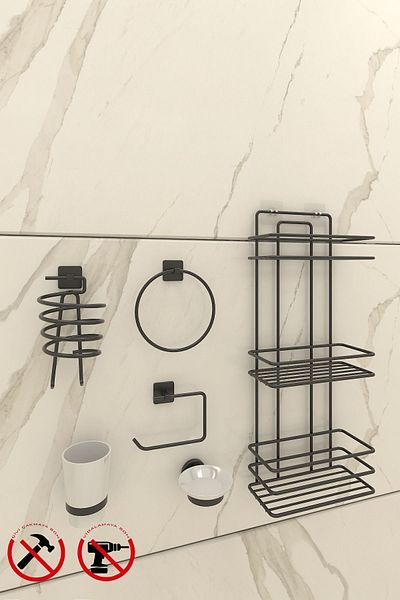 Alper Banyo TŞ03SET Lifetime Stainless Adhesive Bathroom Corner, Shampoo Rack Hav.tuvalt.fön.brush-soap