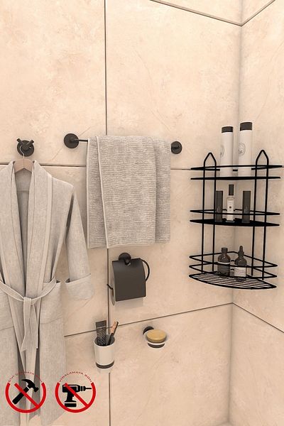Alper Banyo EK03SET Lifetime Stainless Adhesive Bathroom Corner Organizer Shampoo Rack Hav-Tvalt-Brnz-brush-sbn