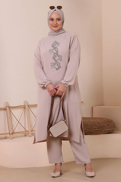 Ferace Hijab Ayrobin Διπλό Κοστούμι μεγάλου μεγέθους Τονίκ Παντελόνι Γυναικεία Πέτρα