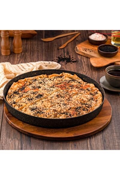 Evren 38 Cm Gold Stone Pırlanta Yuvarlak Fırın Tepsisi 5,4 Lt, Yapışmaz Taban Fırın Börek Tepsi 38cm