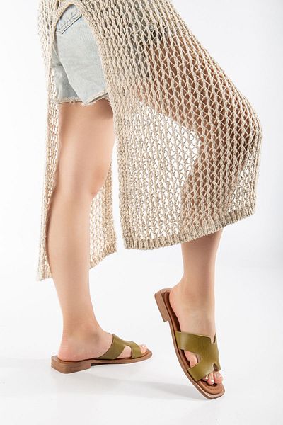 SANDALİ WOMEN GENUINE LEATHER VAKETA GREEN SLIPPERS