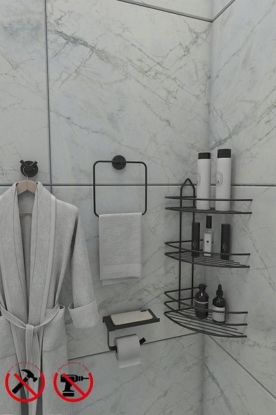 Alper Banyo EK03SET Lifetime Stainless Adhesive Bathroom Corner, Shampoo Holder Towel, Phone, Bathrobe