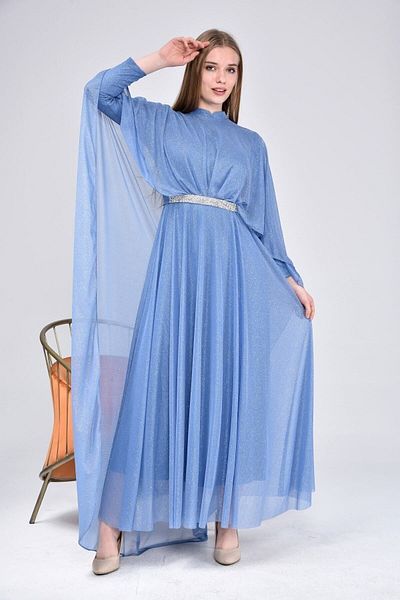 Ferace Women's Glitter and Cape Hijab Evening Dress Large Size Dress Blue