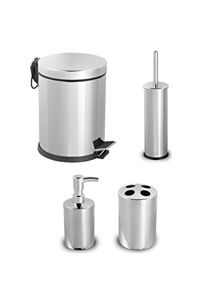 GörSeç Stainless Set of 4 3 Liter Pedal Trash Can WC Toilet Brush Soap Dish Toothbrush Holder Set