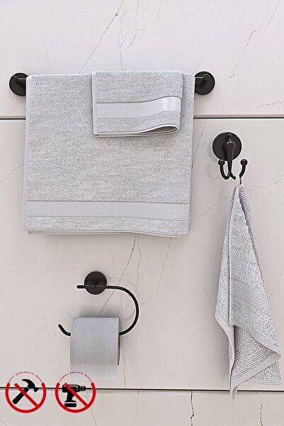 Alper Banyo Banyo Aksesuar Seti, Siyah, Düz Havluluk, Tuvalet Kağıtlığı, Born...