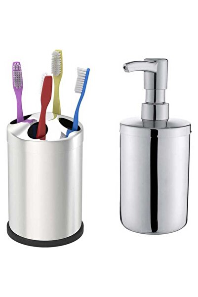 GörSeç Stainless Bathroom Sink Countertop Liquid Soap Dispenser Toothbrush Holder Set Double Bathroom Set Dowry