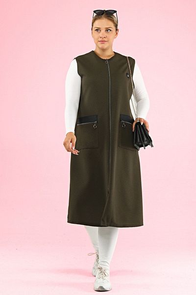 Ferace Women's Long Sleeveless Zippered Vest with Leather Pockets Ottoman Khaki