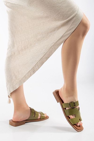 SANDALİ WOMEN'S GENUINE LEATHER GREN SLIPPERS