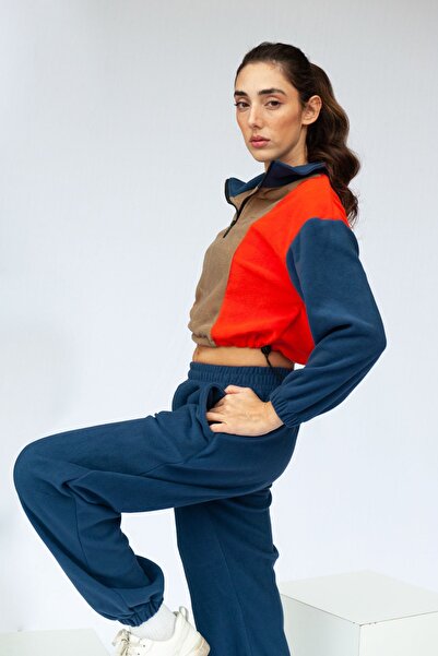 Vatkalimon Brown Orange Navy Blue Half Zip Crop Fleece