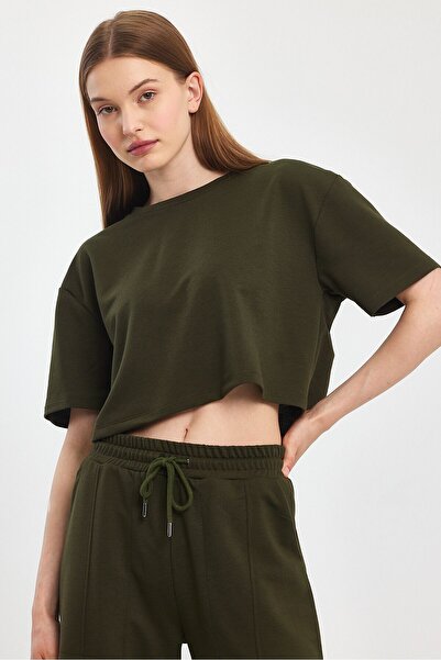 Penyelux Khaki Women's Oversize Crop T-shirt - Crew Neck, Soft Texture, 2 Thread Washable